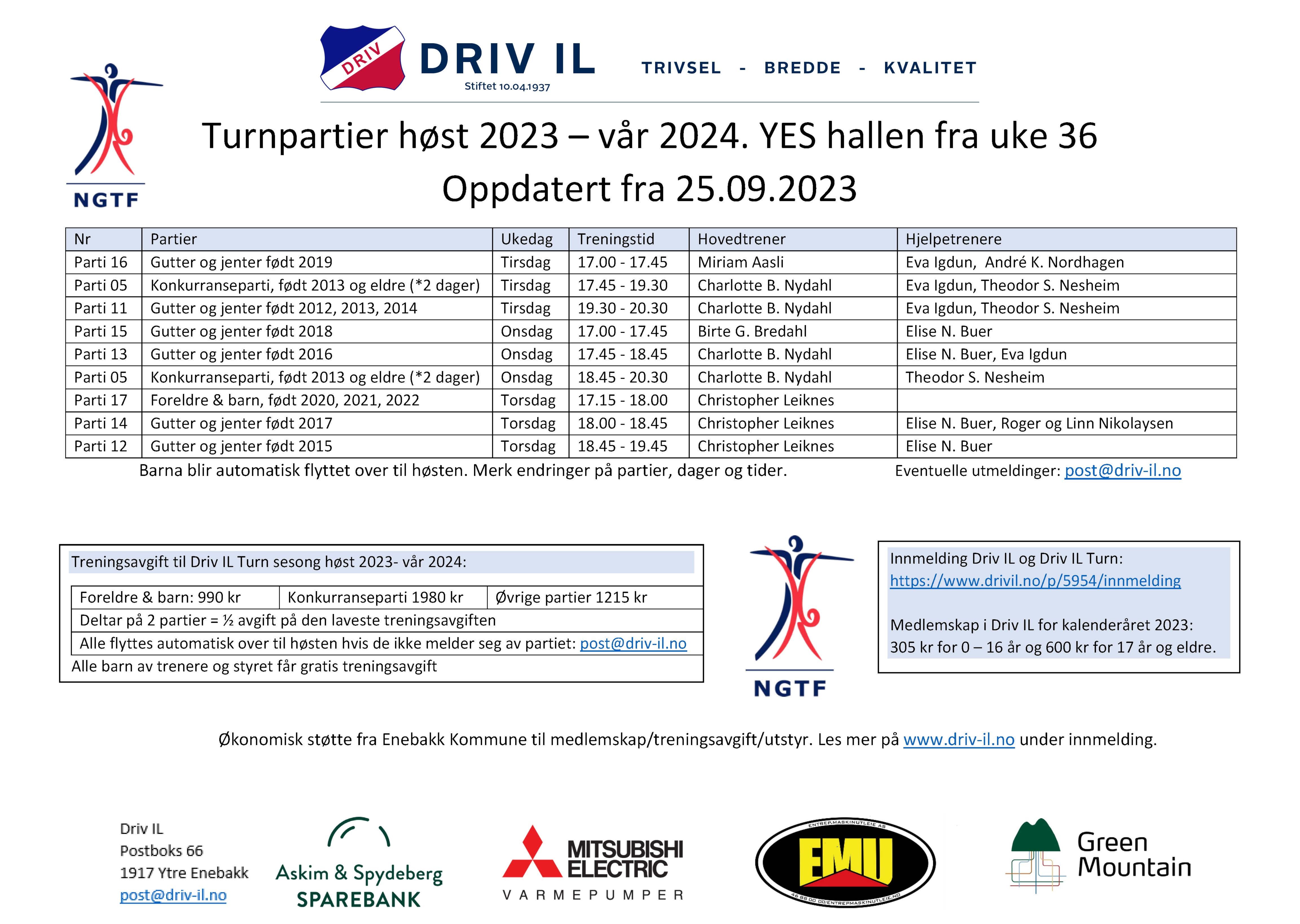 Turnpartier fra 25.09.2023